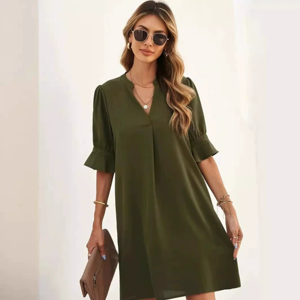 Womens Summer Chiffon Dress Loose Mid Sleeve Solid Knee Length with Collar